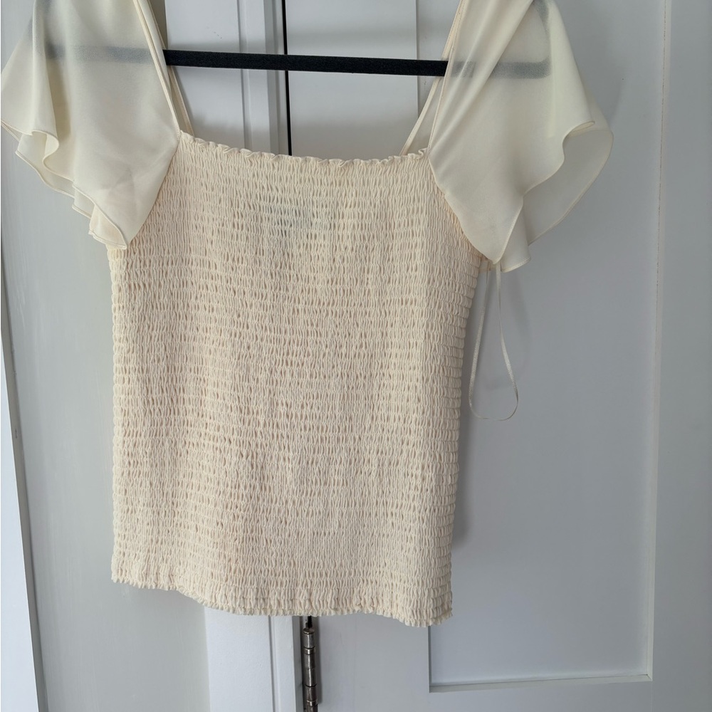 Theory Ivory Smocked Blouse with Ruffled Sleeves